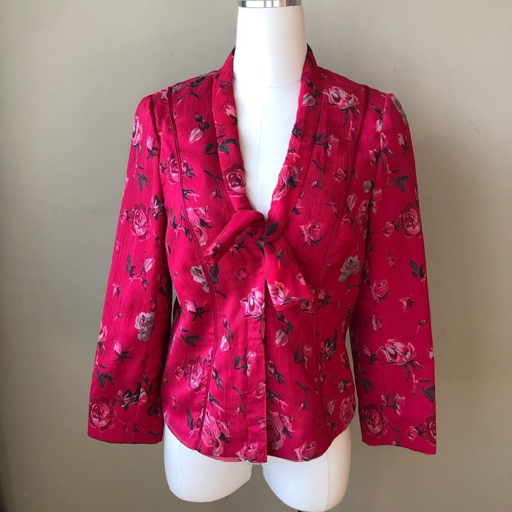Escada Pink Floral Silk Tie-Neck Blazer